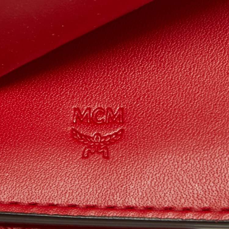 مملوكة مسبقًا MCM Cognac/Red Visetos Coated Canvas and Leather Lanyard Card Holder 