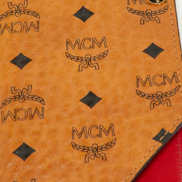 مملوكة مسبقًا MCM Cognac/Red Visetos Coated Canvas and Leather Lanyard Card Holder 