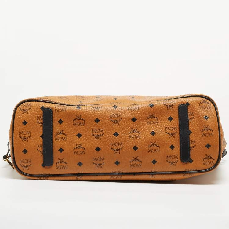 Pre Owned MCM Cognac/Red Visetos Coated Canvas, Leather and Fabric Studded Reversible Tote