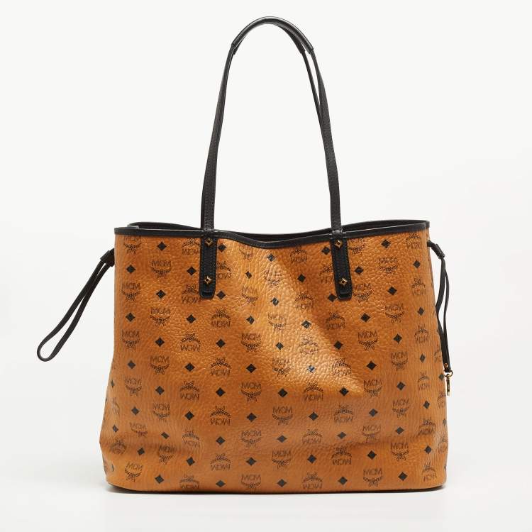 Pre Owned MCM Cognac/Red Visetos Coated Canvas, Leather and Fabric Studded Reversible Tote