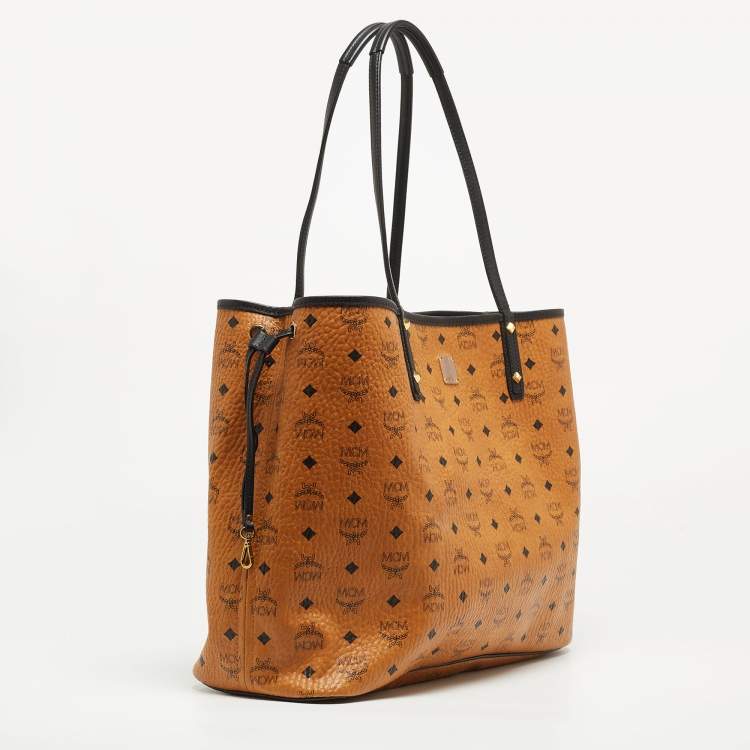 Pre Owned MCM Cognac/Red Visetos Coated Canvas, Leather and Fabric Studded Reversible Tote