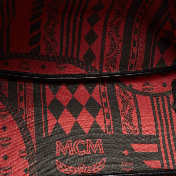 Pre Owned MCM Cognac/Red Visetos Coated Canvas, Leather and Fabric Studded Reversible Tote