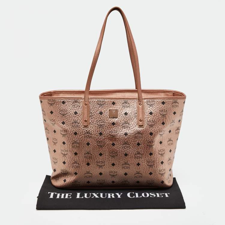 Pre Owned MCM Metallic Rose Gold Visetos Coated Canvas and Leather Shopper Tote