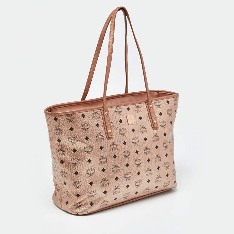 Pre Owned MCM Metallic Rose Gold Visetos Coated Canvas and Leather Shopper Tote