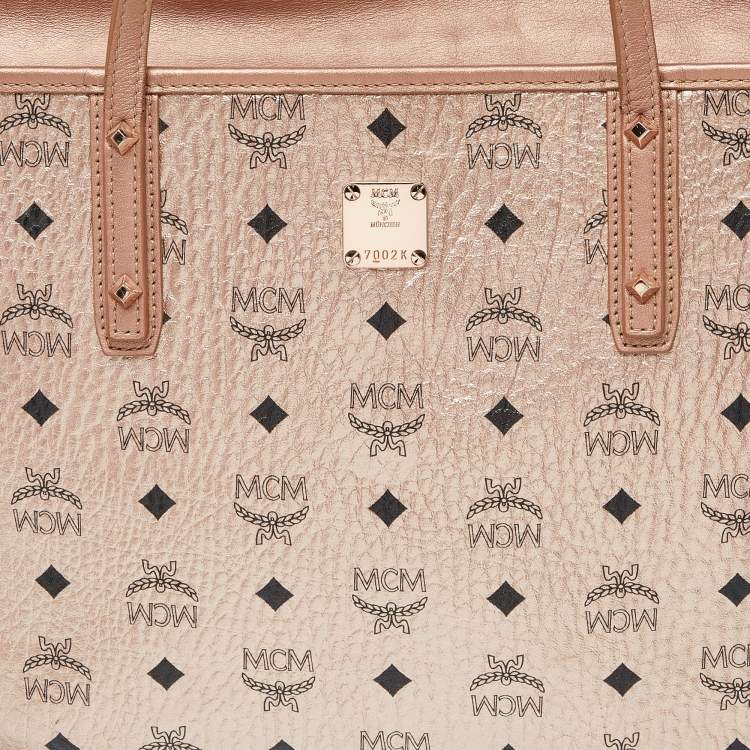 Pre Owned MCM Metallic Rose Gold Visetos Coated Canvas and Leather Shopper Tote