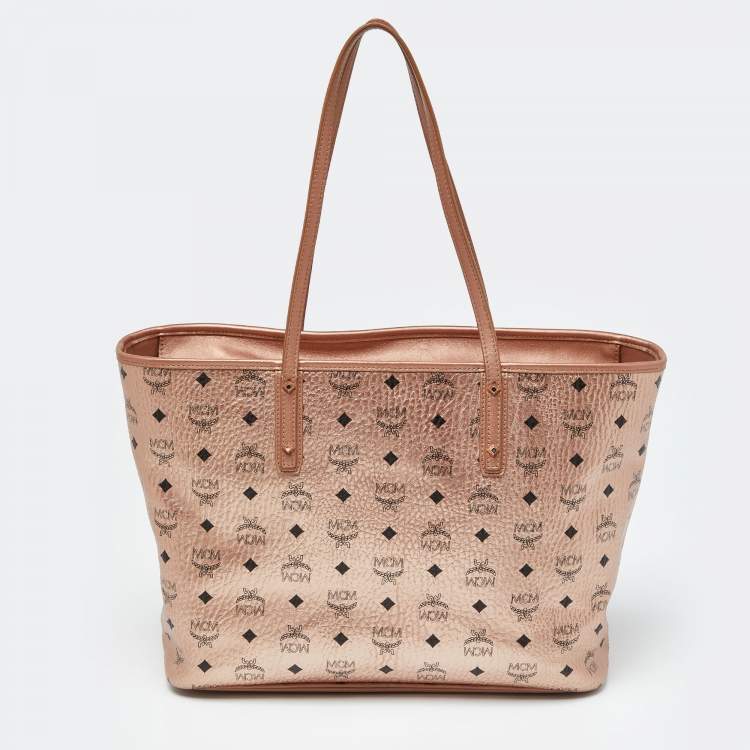Pre Owned MCM Metallic Rose Gold Visetos Coated Canvas and Leather Shopper Tote