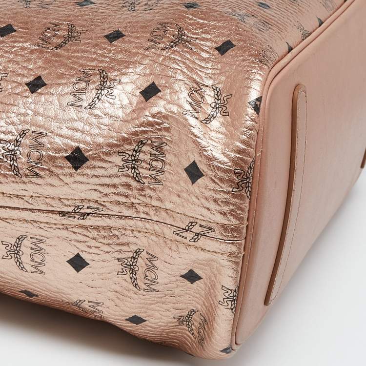Pre Owned MCM Metallic Rose Gold Visetos Coated Canvas and Leather Shopper Tote