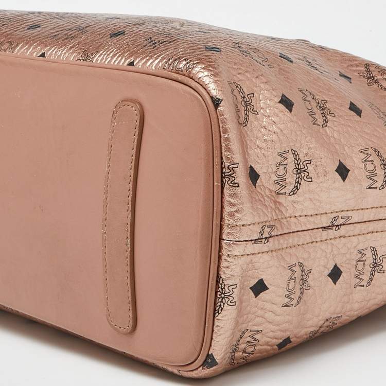 Pre Owned MCM Metallic Rose Gold Visetos Coated Canvas and Leather Shopper Tote