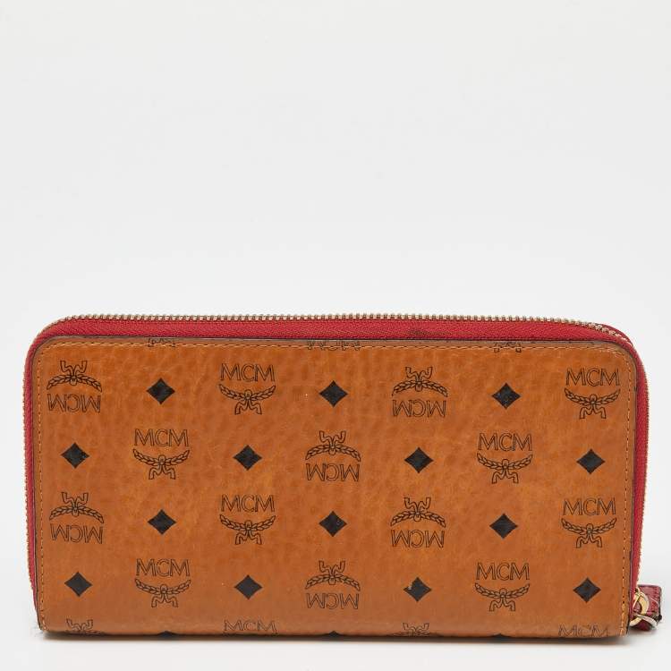 Pre Owned MCM Black/Cognac Visetos Coated Canvas Zip Around Wallet