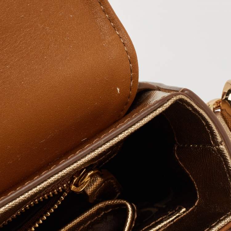 Pre Owned MCM Bronze Leather Turnlock Flap Top Handle Bag