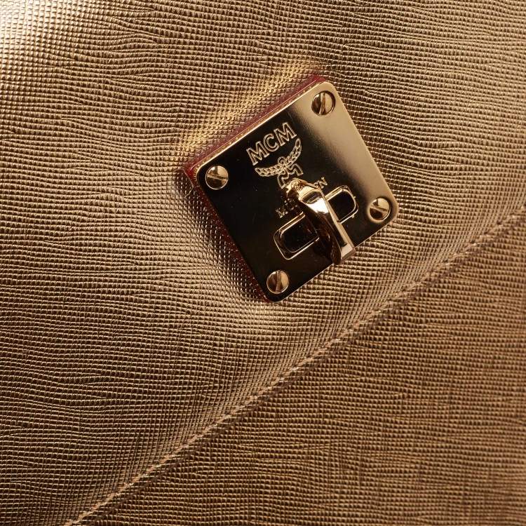 Pre Owned MCM Bronze Leather Turnlock Flap Top Handle Bag