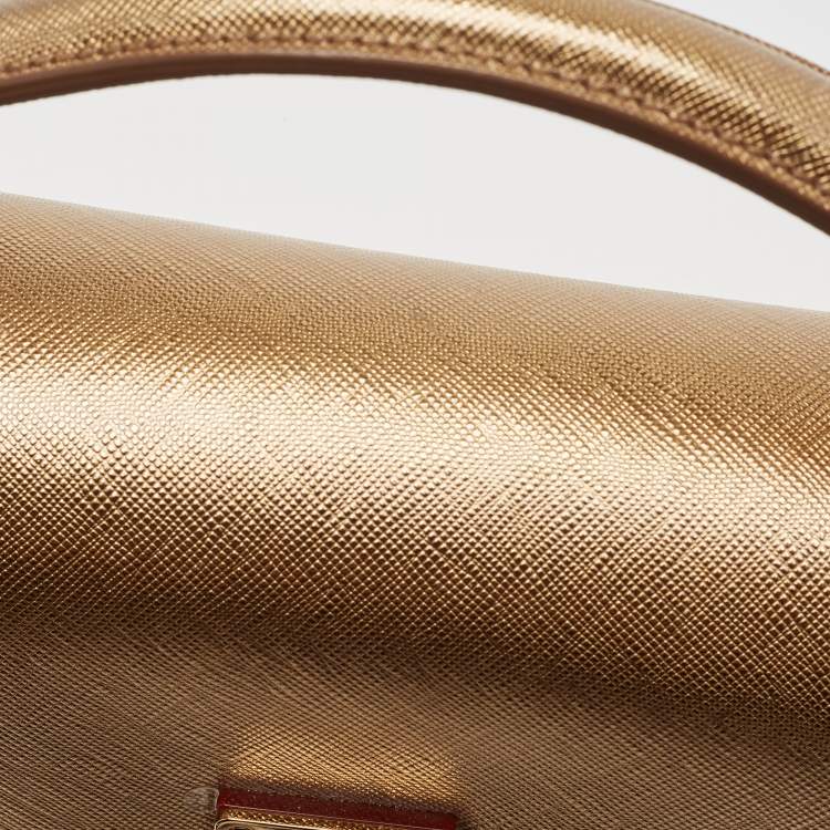 Pre Owned MCM Bronze Leather Turnlock Flap Top Handle Bag