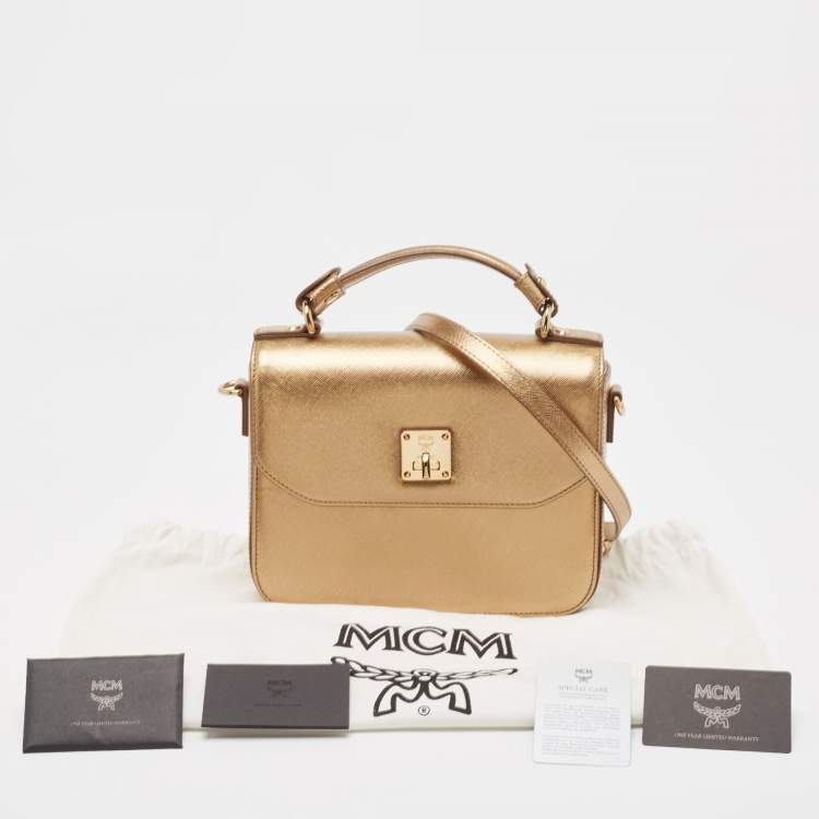 Pre Owned MCM Bronze Leather Turnlock Flap Top Handle Bag