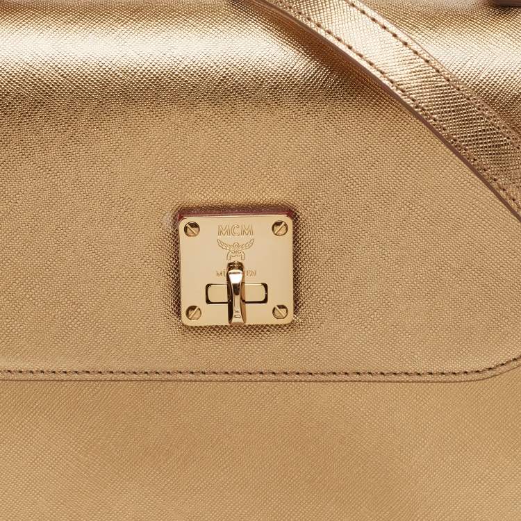 Pre Owned MCM Bronze Leather Turnlock Flap Top Handle Bag