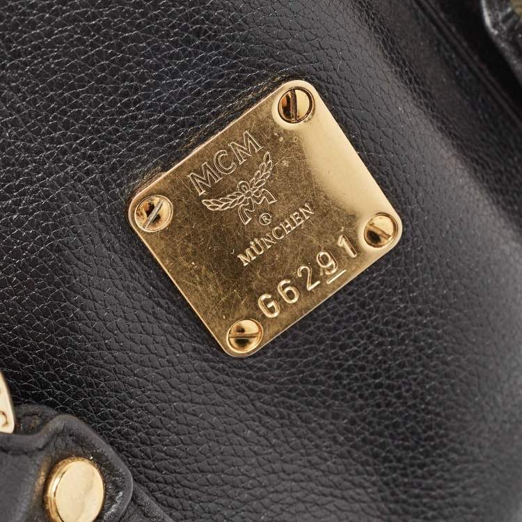 Pre Owned MCM Black Leather Vintage Studded Logo Motifs Boston Bag