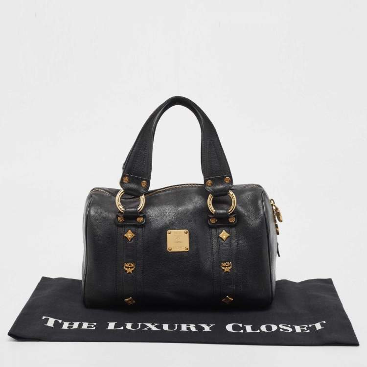 Pre Owned MCM Black Leather Vintage Studded Logo Motifs Boston Bag