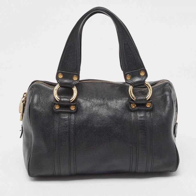 Pre Owned MCM Black Leather Vintage Studded Logo Motifs Boston Bag