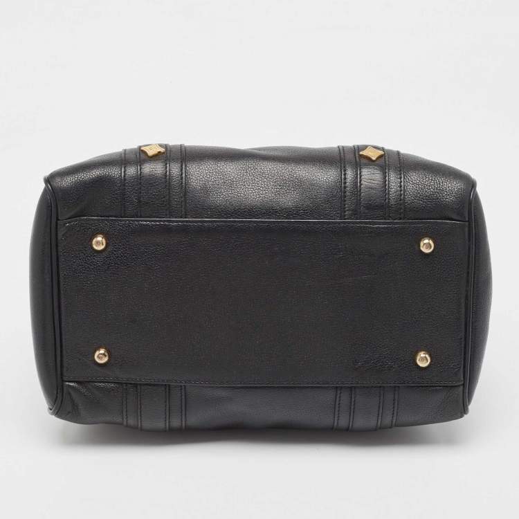 Pre Owned MCM Black Leather Vintage Studded Logo Motifs Boston Bag
