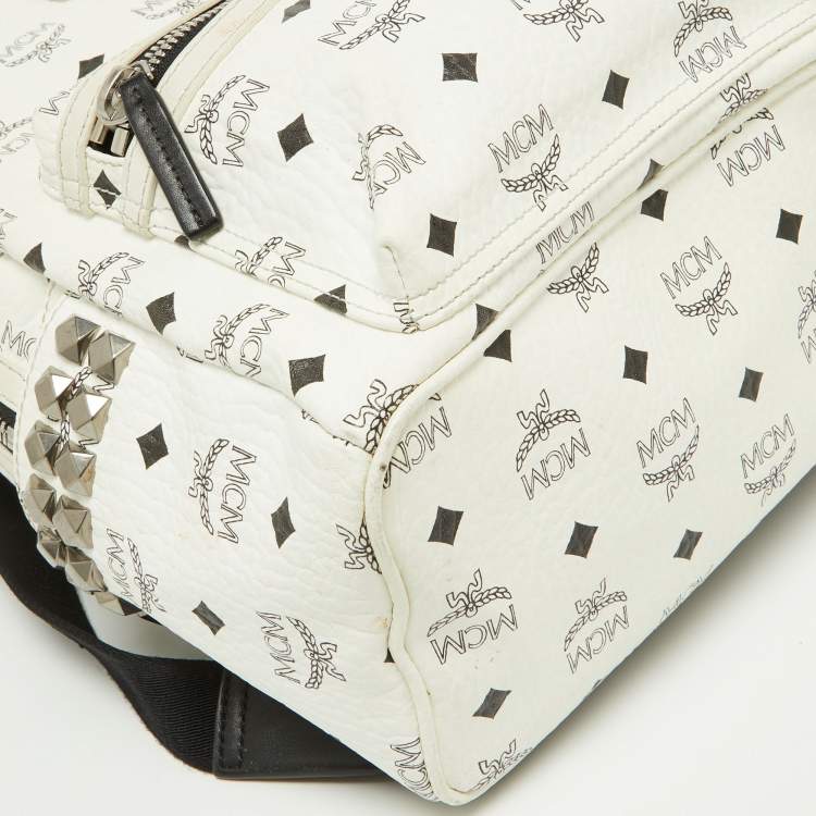 Pre Owned MCM White/Black Visetos Coated Canvas Small Studs Stark Backpack