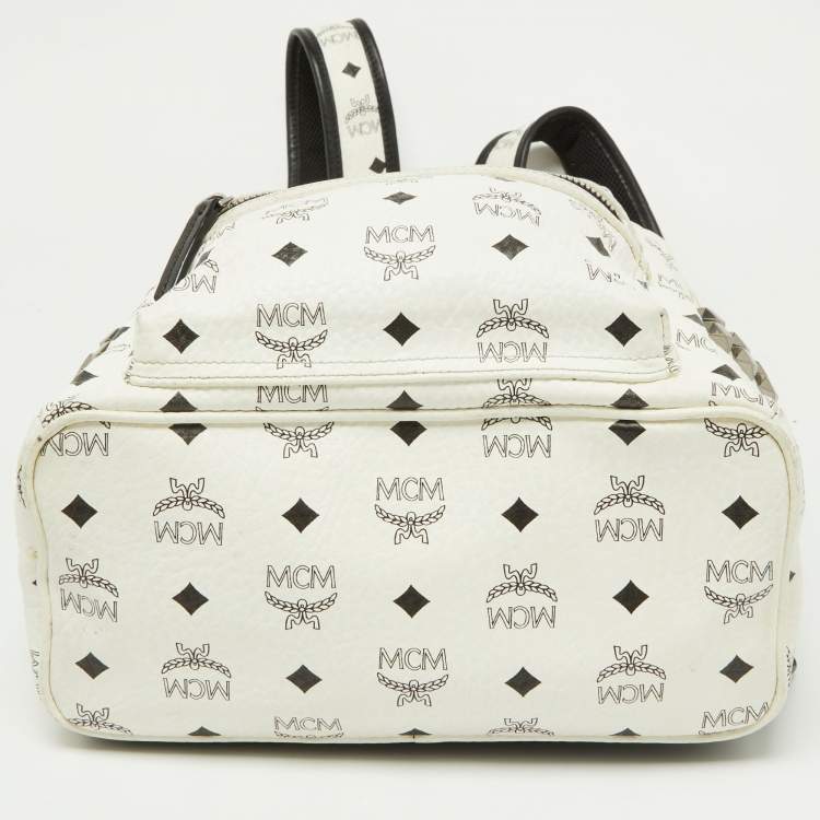 Pre Owned MCM White/Black Visetos Coated Canvas Small Studs Stark Backpack