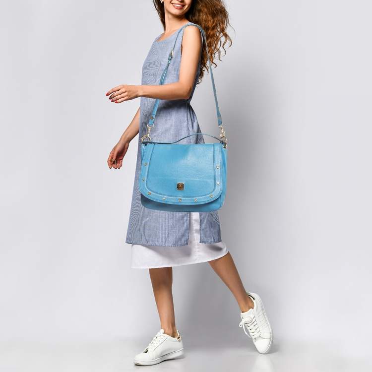 Pre Owned MCM Blue Leather Studded Flap Hobo