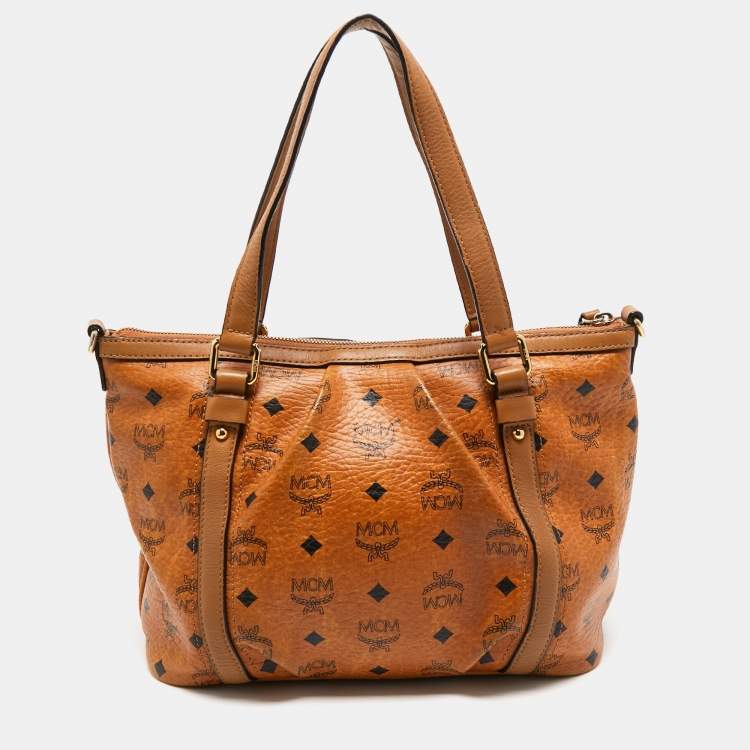 Pre Owned MCM Tan Visetos Coated Canvas and Leather Zipped Shoulder Bag