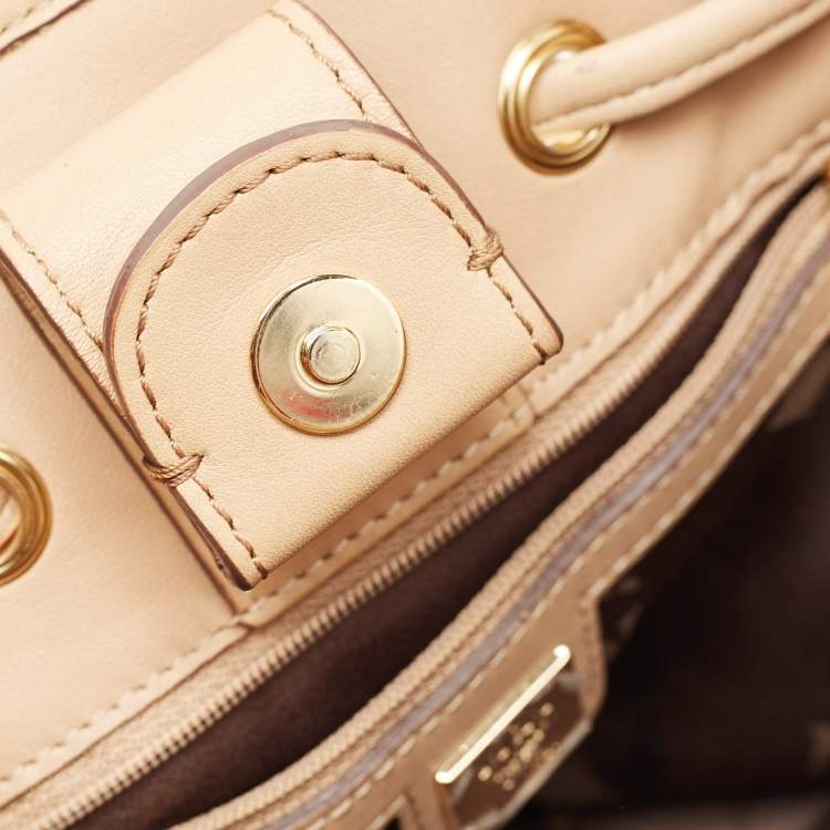 Pre Owned MCM Two Tone Beige Visetos Coated Canvas and Leather Drawstring Tote