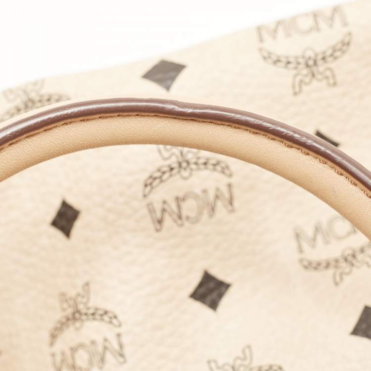 Pre Owned MCM Two Tone Beige Visetos Coated Canvas and Leather Drawstring Tote