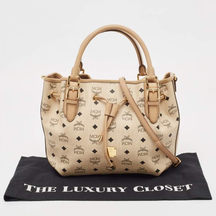 Pre Owned MCM Two Tone Beige Visetos Coated Canvas and Leather Drawstring Tote