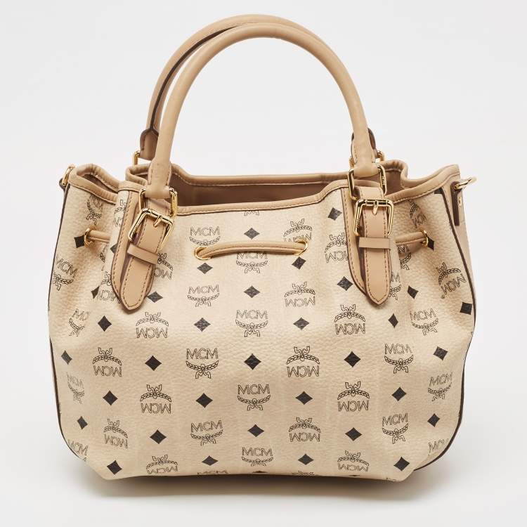 Pre Owned MCM Two Tone Beige Visetos Coated Canvas and Leather Drawstring Tote