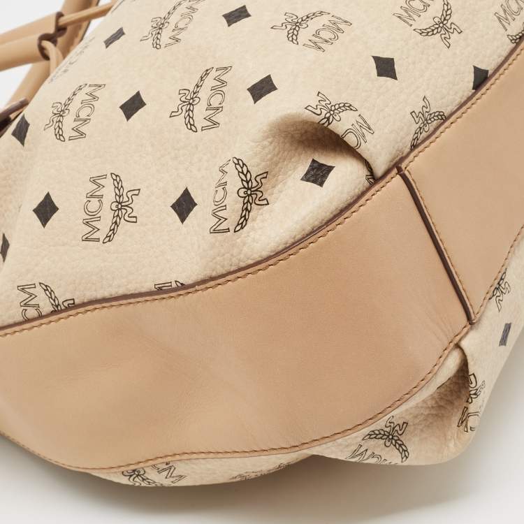 Pre Owned MCM Two Tone Beige Visetos Coated Canvas and Leather Drawstring Tote
