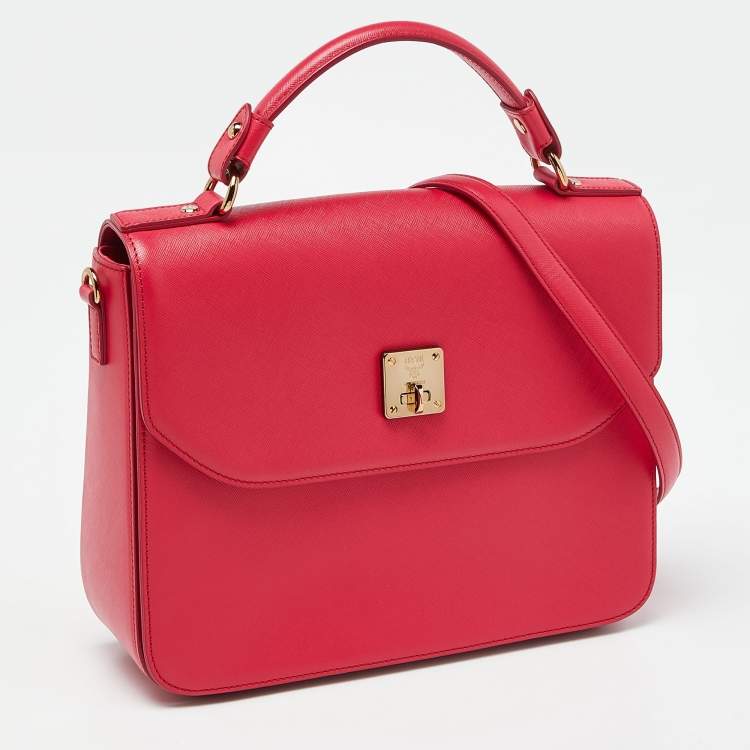 Pre Owned MCM Red Leather Turnlock Flap Top Handle Bag