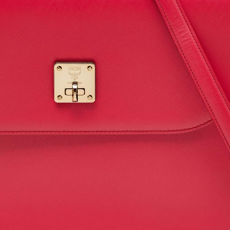 Pre Owned MCM Red Leather Turnlock Flap Top Handle Bag
