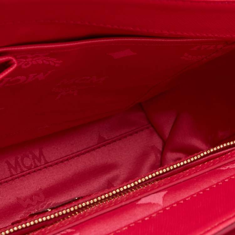 Pre Owned MCM Red Leather Turnlock Flap Top Handle Bag