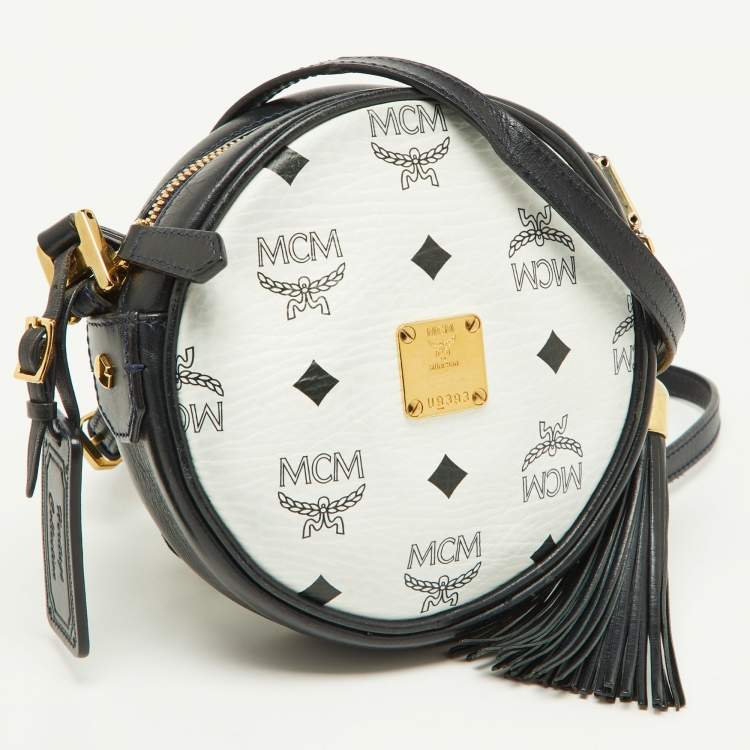 Pre Owned MCM Navy Blue/White Visetos Coated Canvas and Leather Tambourine Round Bag