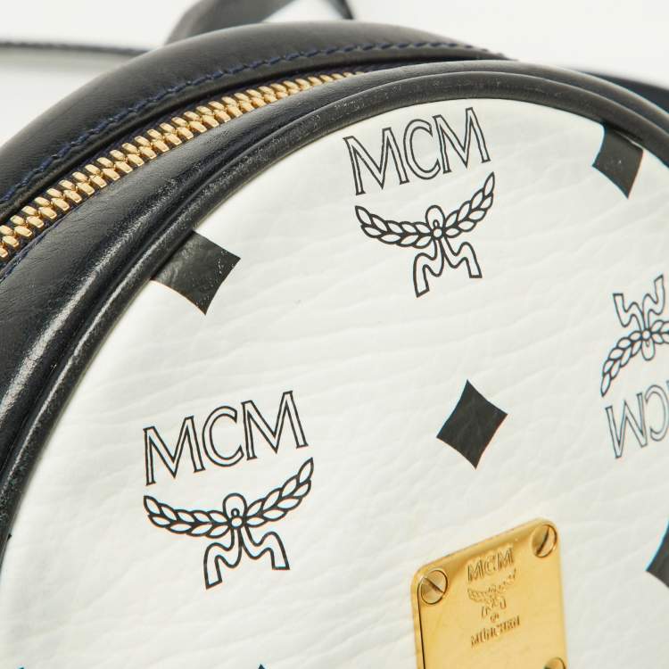 Pre Owned MCM Navy Blue/White Visetos Coated Canvas and Leather Tambourine Round Bag