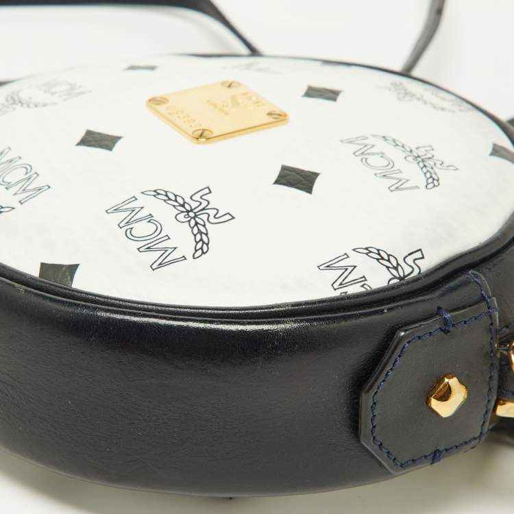Pre Owned MCM Navy Blue/White Visetos Coated Canvas and Leather Tambourine Round Bag