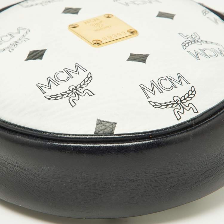 Pre Owned MCM Navy Blue/White Visetos Coated Canvas and Leather Tambourine Round Bag
