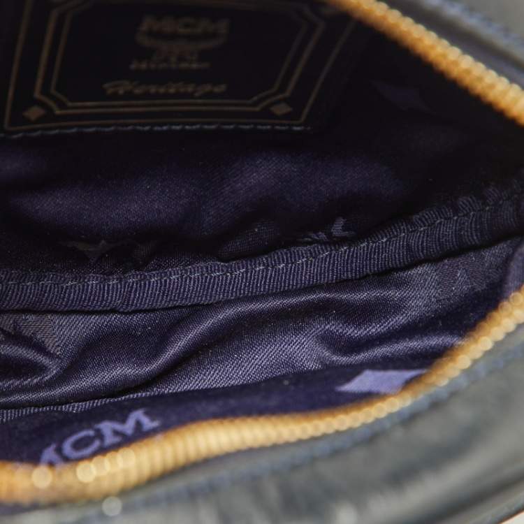 Pre Owned MCM Navy Blue/White Visetos Coated Canvas and Leather Tambourine Round Bag