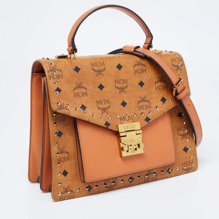 Pre Owned MCM Cognac Visetos Coated Canvas and Leather Medium Tracy Satchel