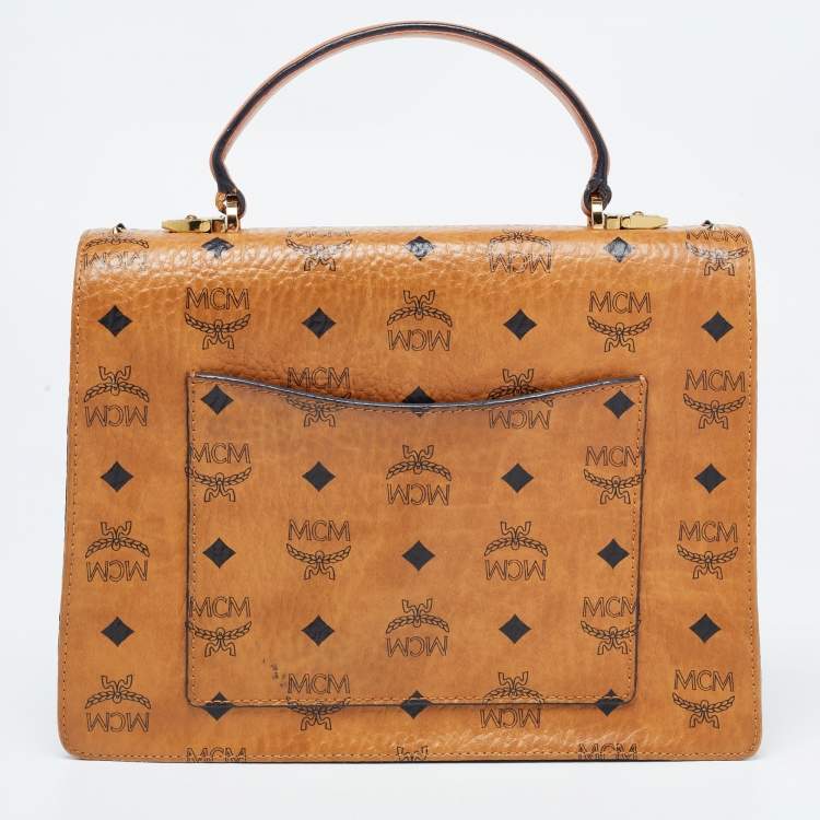Pre Owned MCM Cognac Visetos Coated Canvas and Leather Medium Tracy Satchel