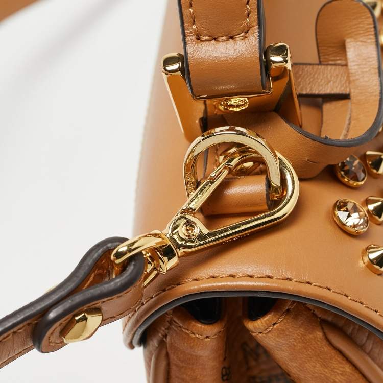 Pre Owned MCM Cognac Visetos Coated Canvas and Leather Mini Heritage Top Handle Bag
