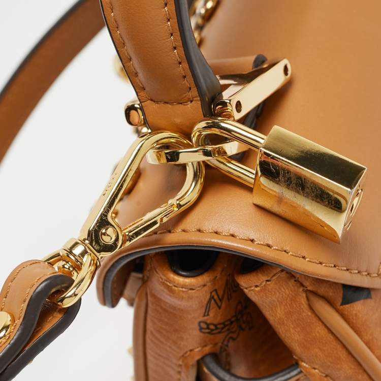 Pre Owned MCM Cognac Visetos Coated Canvas and Leather Mini Heritage Top Handle Bag