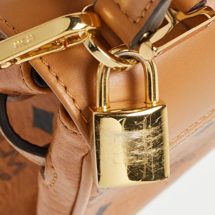 Pre Owned MCM Cognac Visetos Coated Canvas and Leather Mini Heritage Top Handle Bag