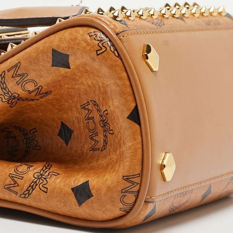 Pre Owned MCM Cognac Visetos Coated Canvas and Leather Mini Heritage Top Handle Bag