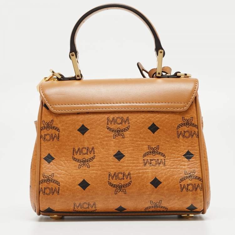 Pre Owned MCM Cognac Visetos Coated Canvas and Leather Mini Heritage Top Handle Bag