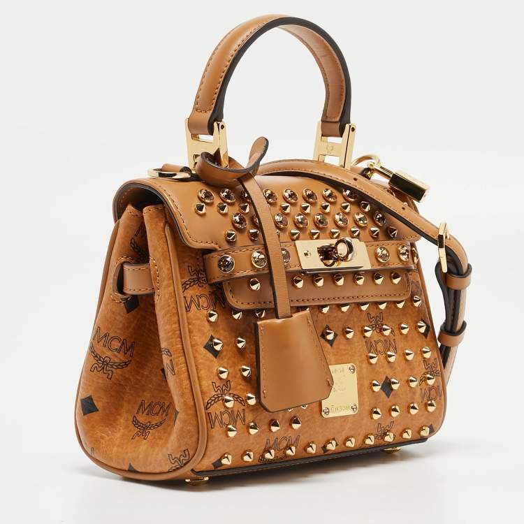 Pre Owned MCM Cognac Visetos Coated Canvas and Leather Mini Heritage Top Handle Bag