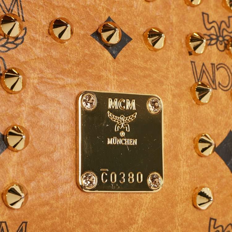 Pre Owned MCM Cognac Visetos Coated Canvas and Leather Mini Heritage Top Handle Bag