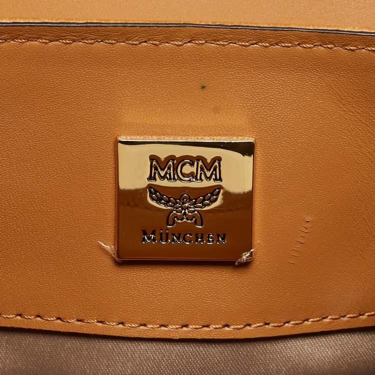 Pre Owned MCM Cognac Visetos Coated Canvas and Leather Mini Heritage Top Handle Bag