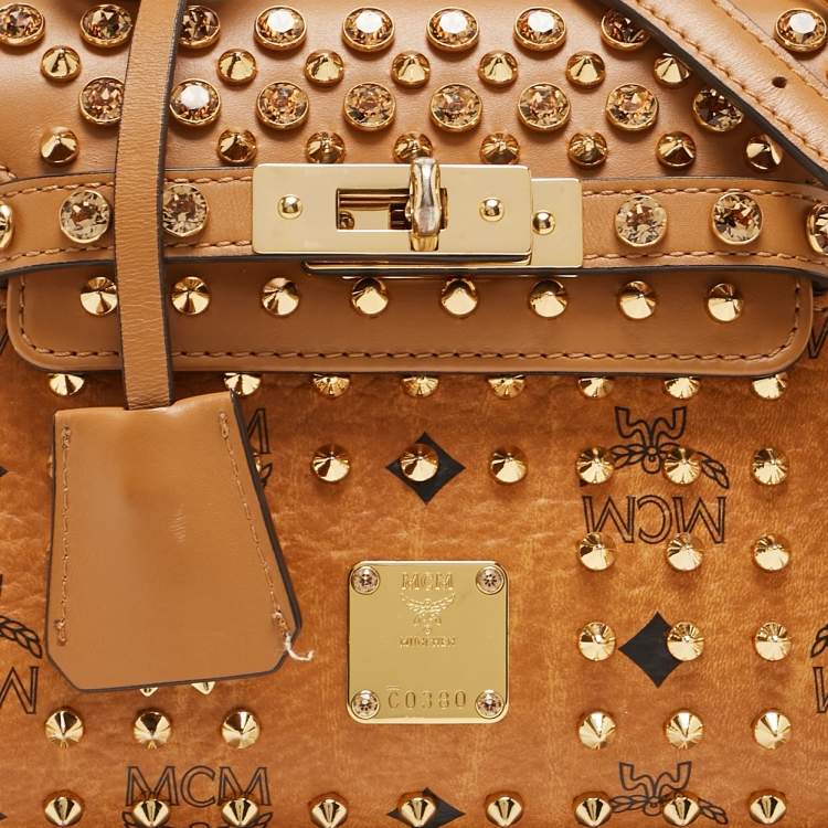 Pre Owned MCM Cognac Visetos Coated Canvas and Leather Mini Heritage Top Handle Bag